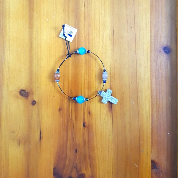 Blue brown bead bracelet clay cross - Picture 4 of 4